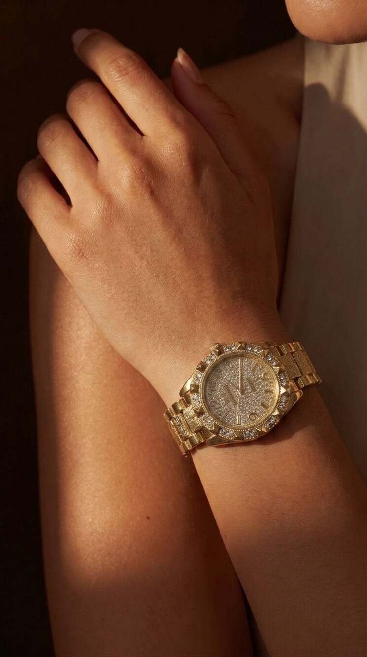 JINK Collection Gold Tone Nugget Watch with Rhinestone Bezel and Pave Dial